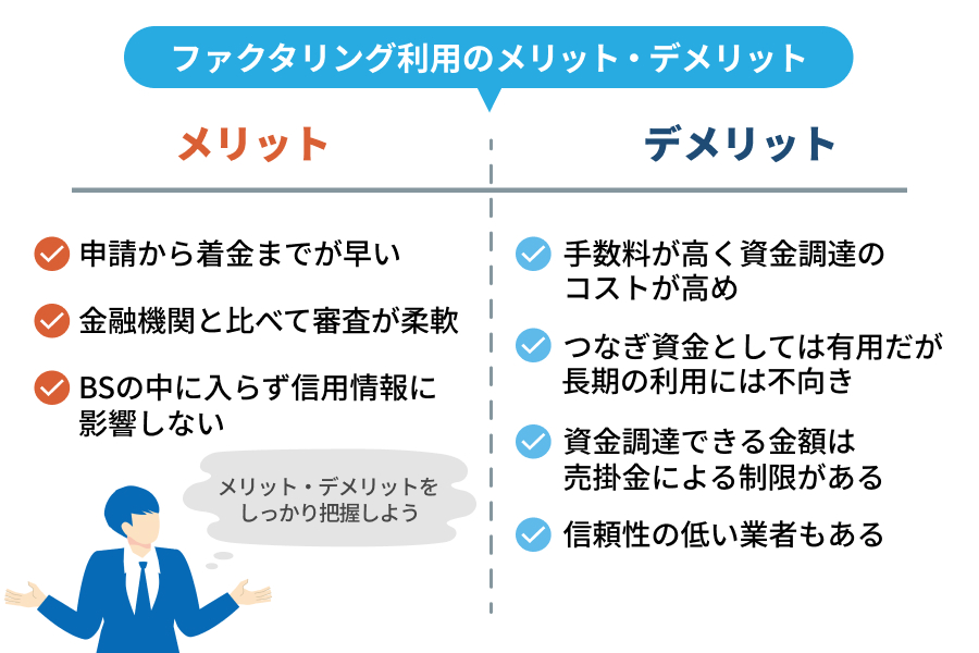 ファクタリングを利用するメリット・デメリットを解説したイラスト